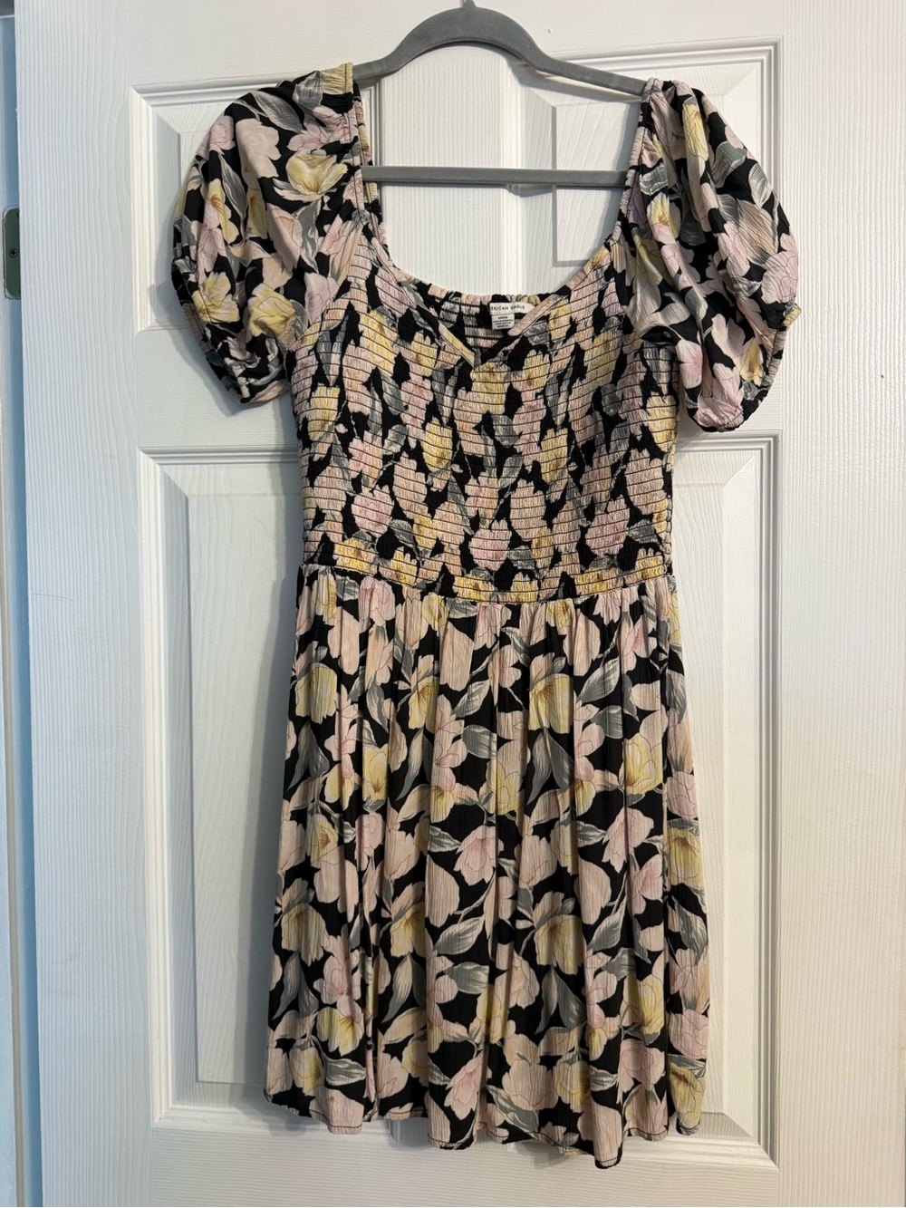 AE Floral Puff Sleeve Smocked Mini Dress - Pink & Yellow on Black